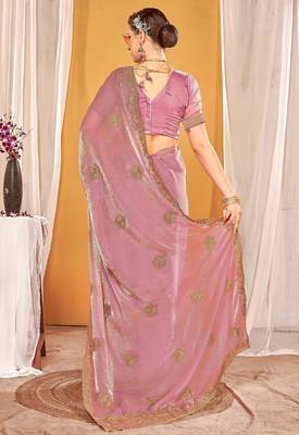 Pink color zari embroidered fendy silk blend two tone saree with blouse 4