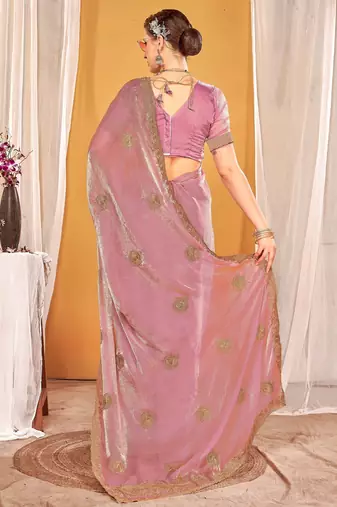 Pink color zari embroidered fendy silk blend two tone saree with blouse