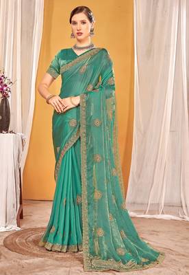 Sky blue color zari embroidered fendy silk blend two tone saree with blouse 1