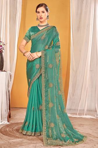 Sky blue color zari embroidered fendy silk two tone saree with blouse