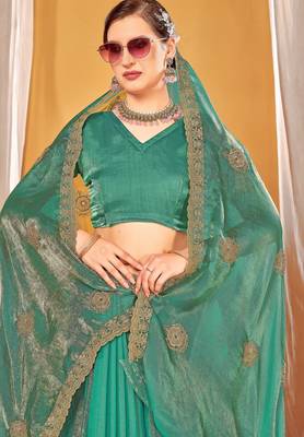 Sky blue color zari embroidered fendy silk blend two tone saree with blouse 2