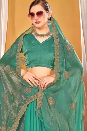 Sky blue color zari embroidered fendy silk blend two tone saree with blouse