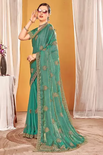 Sky blue color zari embroidered fendy silk blend two tone saree with blouse