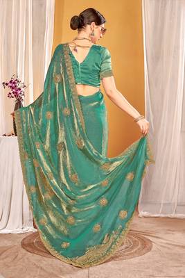 Sky blue color zari embroidered fendy silk blend two tone saree with blouse 4