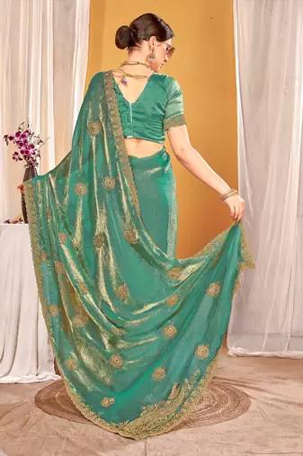 Sky blue color zari embroidered fendy silk blend two tone saree with blouse