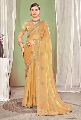 Mustard color zari embroidered fendy silk blend two tone saree with blouse 1