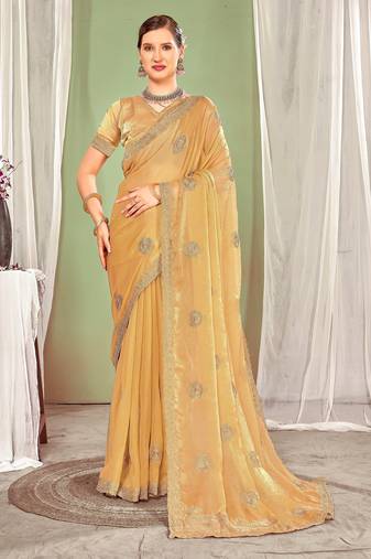 Mustard color zari embroidered fendy silk two tone saree with blouse