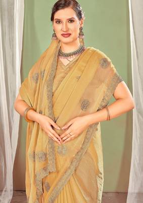 Mustard color zari embroidered fendy silk blend two tone saree with blouse 2