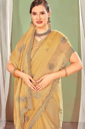 Mustard color zari embroidered fendy silk blend two tone saree with blouse
