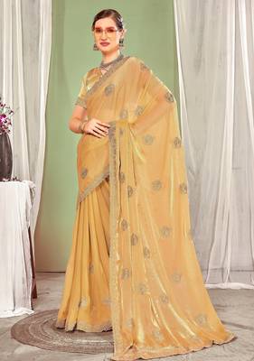 Mustard color zari embroidered fendy silk blend two tone saree with blouse 3