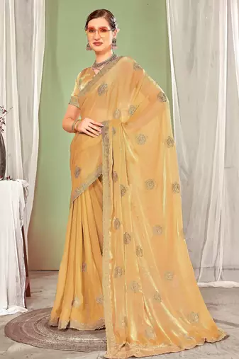 Mustard color zari embroidered fendy silk blend two tone saree with blouse