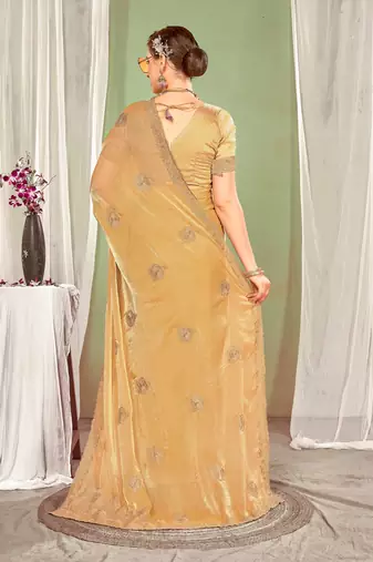 Mustard color zari embroidered fendy silk blend two tone saree with blouse