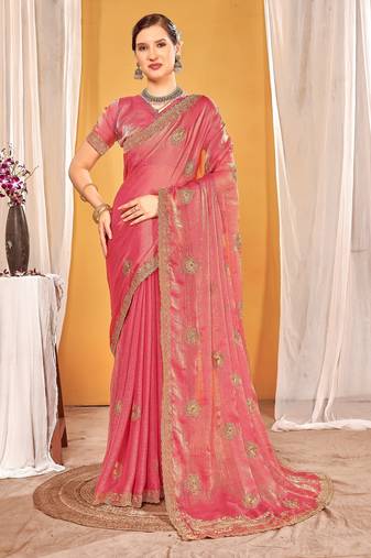Peach color zari embroidered fendy silk two tone saree with blouse
