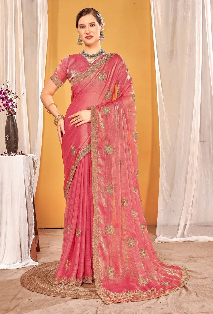 Peach color zari embroidered fendy silk two tone saree with blouse