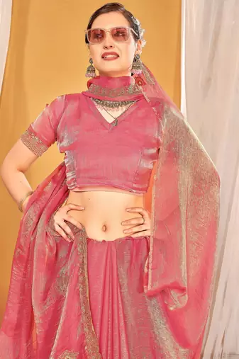 Peach color zari embroidered fendy silk blend two tone saree with blouse