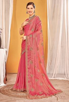 Peach color zari embroidered fendy silk blend two tone saree with blouse 3