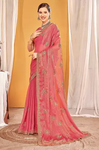 Peach color zari embroidered fendy silk blend two tone saree with blouse