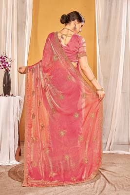 Peach color zari embroidered fendy silk blend two tone saree with blouse 4