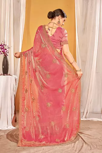 Peach color zari embroidered fendy silk blend two tone saree with blouse