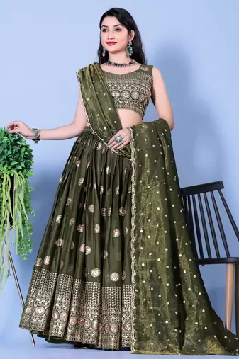 Mehndi Satin Circular Lehenga Choli