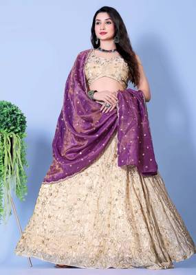 Purple and Mint Embroidered Silk Lehenga 1