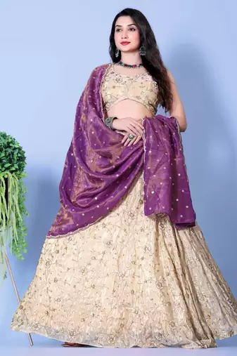 Purple and Mint Embroidered Silk Lehenga