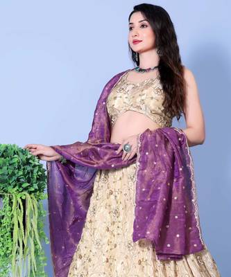 Purple and Mint Embroidered Silk Lehenga 2