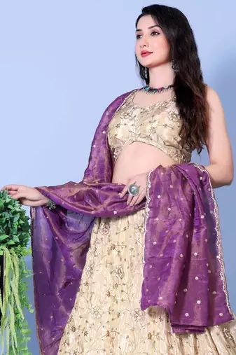 Purple and Mint Embroidered Silk Lehenga