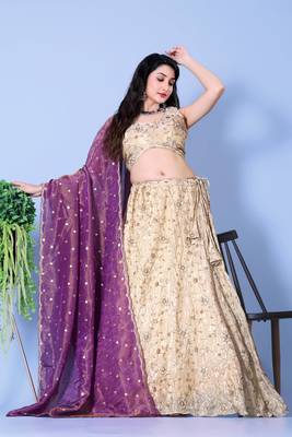 Purple and Mint Embroidered Silk Lehenga 3