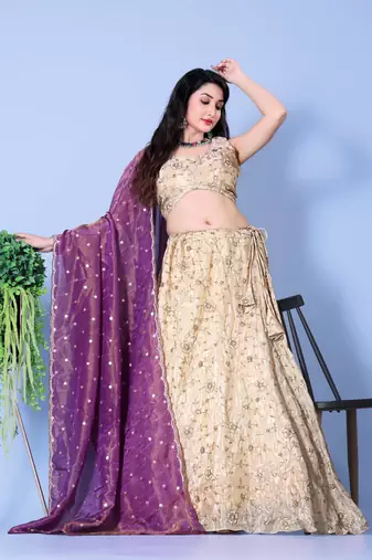 Purple and Mint Embroidered Silk Lehenga