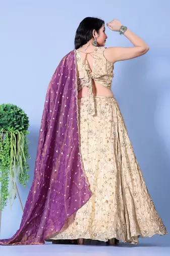 Purple and Mint Embroidered Silk Lehenga