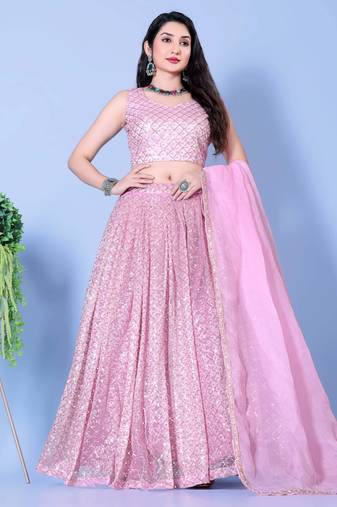 Embroidered Mirror Work Semi-Stitched Lehenga & Unstitched Blouse With Dupatta
