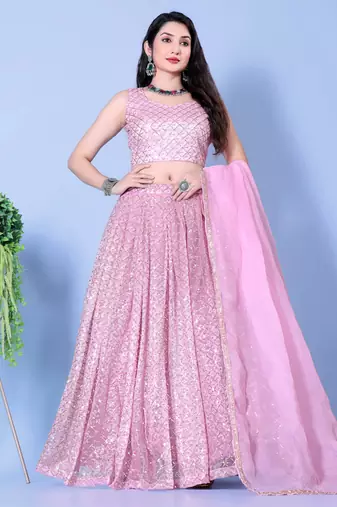 Embroidered Mirror Work Semi-Stitched Lehenga & Unstitched Blouse With Dupatta
