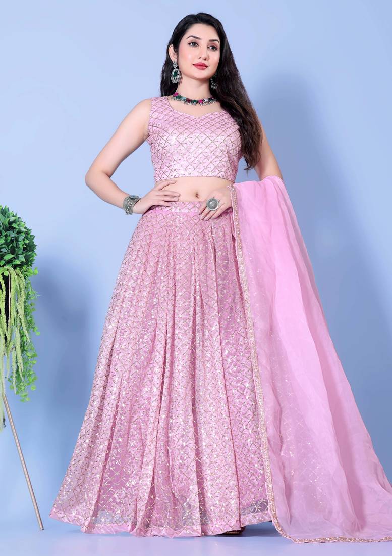 Embroidered Mirror Work Semi-Stitched Lehenga & Unstitched Blouse With Dupatta