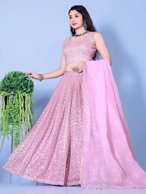 Embroidered Mirror Work Semi-Stitched Lehenga & Unstitched Blouse With Dupatta 2