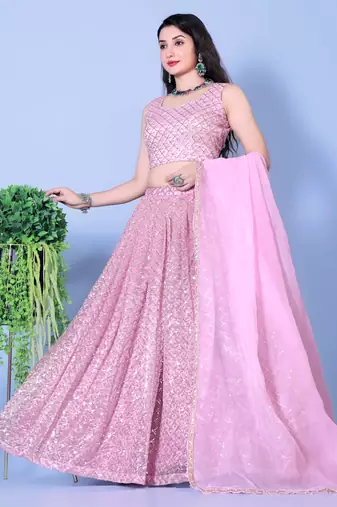 Embroidered Mirror Work Semi-Stitched Lehenga & Unstitched Blouse With Dupatta