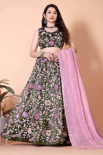 Embroidered Sequinned Semi-Stitched Lehenga & Unstitched Blouse With Dupatta