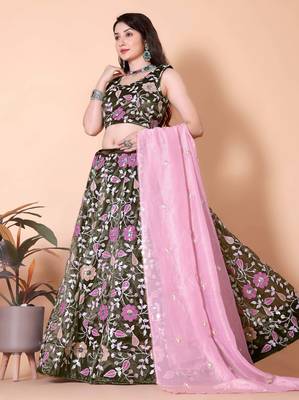 Embroidered Sequinned Semi-Stitched Lehenga & Unstitched Blouse With Dupatta 2