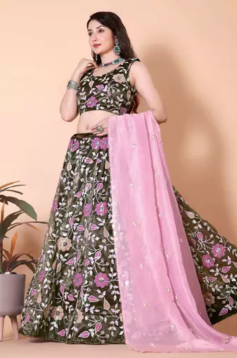 Embroidered Sequinned Semi-Stitched Lehenga & Unstitched Blouse With Dupatta