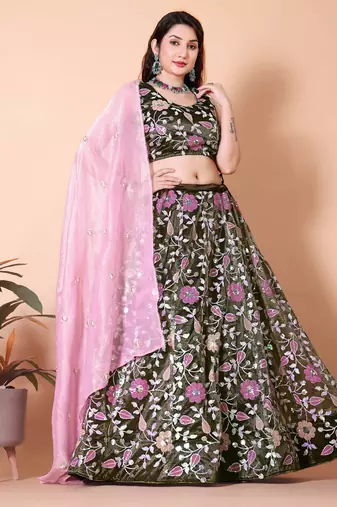 Embroidered Sequinned Semi-Stitched Lehenga & Unstitched Blouse With Dupatta