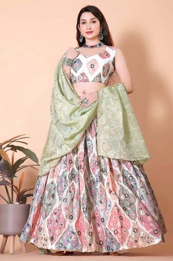 Classic White Pista Lehenga Choli with a Touch of Grace