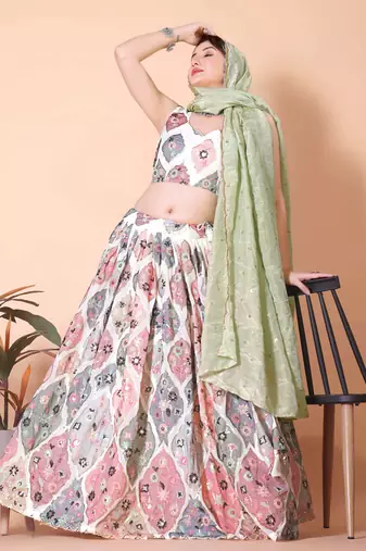 Classic White Pista Lehenga Choli with a Touch of Grace