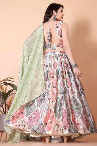 Classic White Pista Lehenga Choli with a Touch of Grace