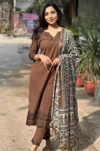  Floral Embroidered Notch Neck  Cotton Kurta With Trouser & Dupatta