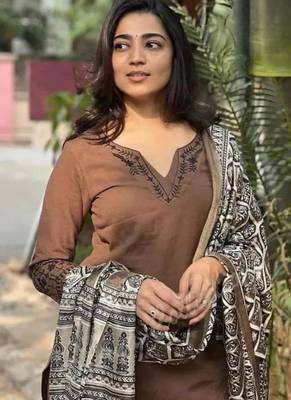  Floral Embroidered Notch Neck  Cotton Kurta With Trouser & Dupatta 3