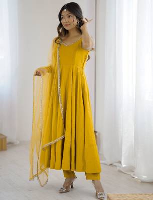 Awesome Yellow Lace Work Chanderi Silk Haldi Wear Anarkali Suit With Dupatta 1