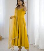 Awesome Yellow Lace Work Chanderi Silk Haldi Wear Anarkali Suit With Dupatta