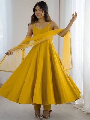 Awesome Yellow Lace Work Chanderi Silk Haldi Wear Anarkali Suit With Dupatta 2
