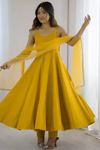 Awesome Yellow Lace Work Chanderi Silk Haldi Wear Anarkali Suit With Dupatta