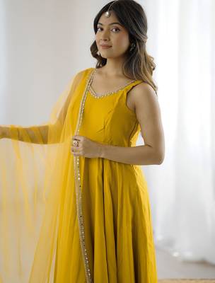 Awesome Yellow Lace Work Chanderi Silk Haldi Wear Anarkali Suit With Dupatta 3